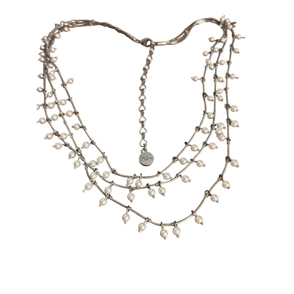 Anne Klein Silver Tone Layered Necklace Faux Pearl Dangles Signed Adj 15" + 3"